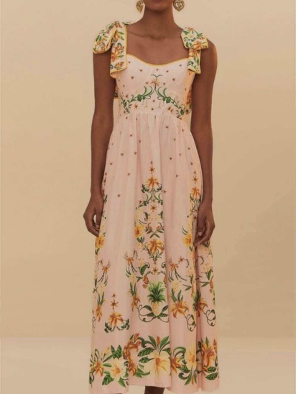 NWT Farm Rio - Pink Botanical Beauty Shoulder Bow Midi Dress